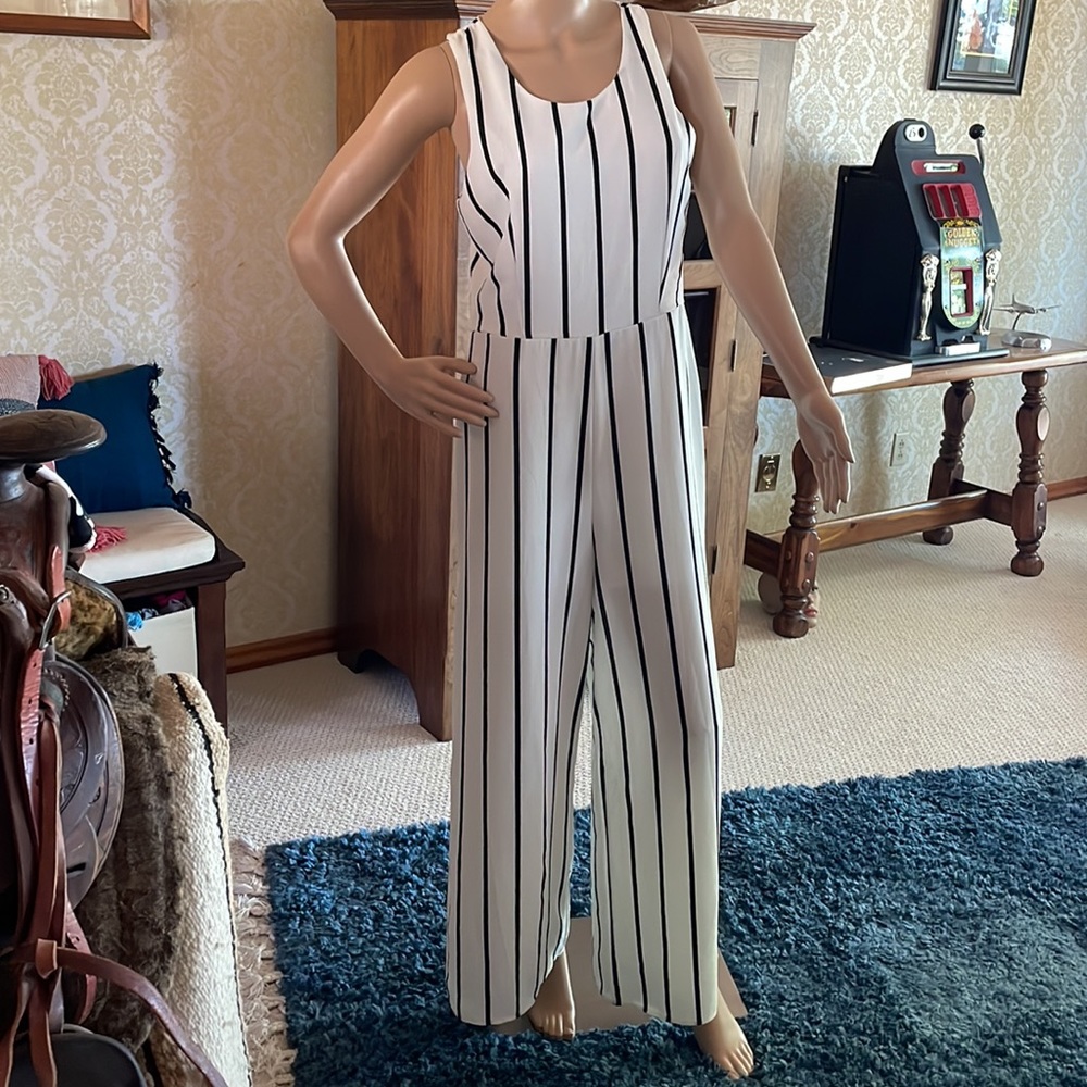 White with black stripe long romper